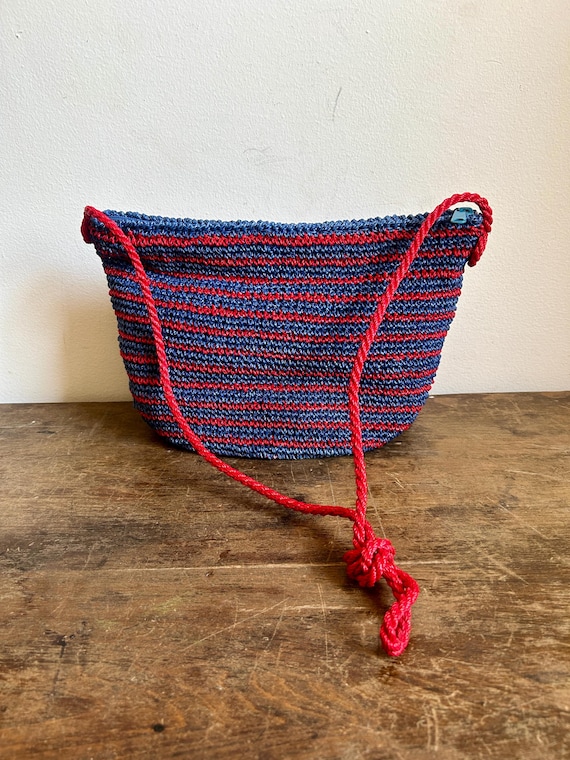 Vintage Woven Blue and Red Straw Shoulder Purse | Vintage Woven Straw Handbag | Boho Festival Style Bag