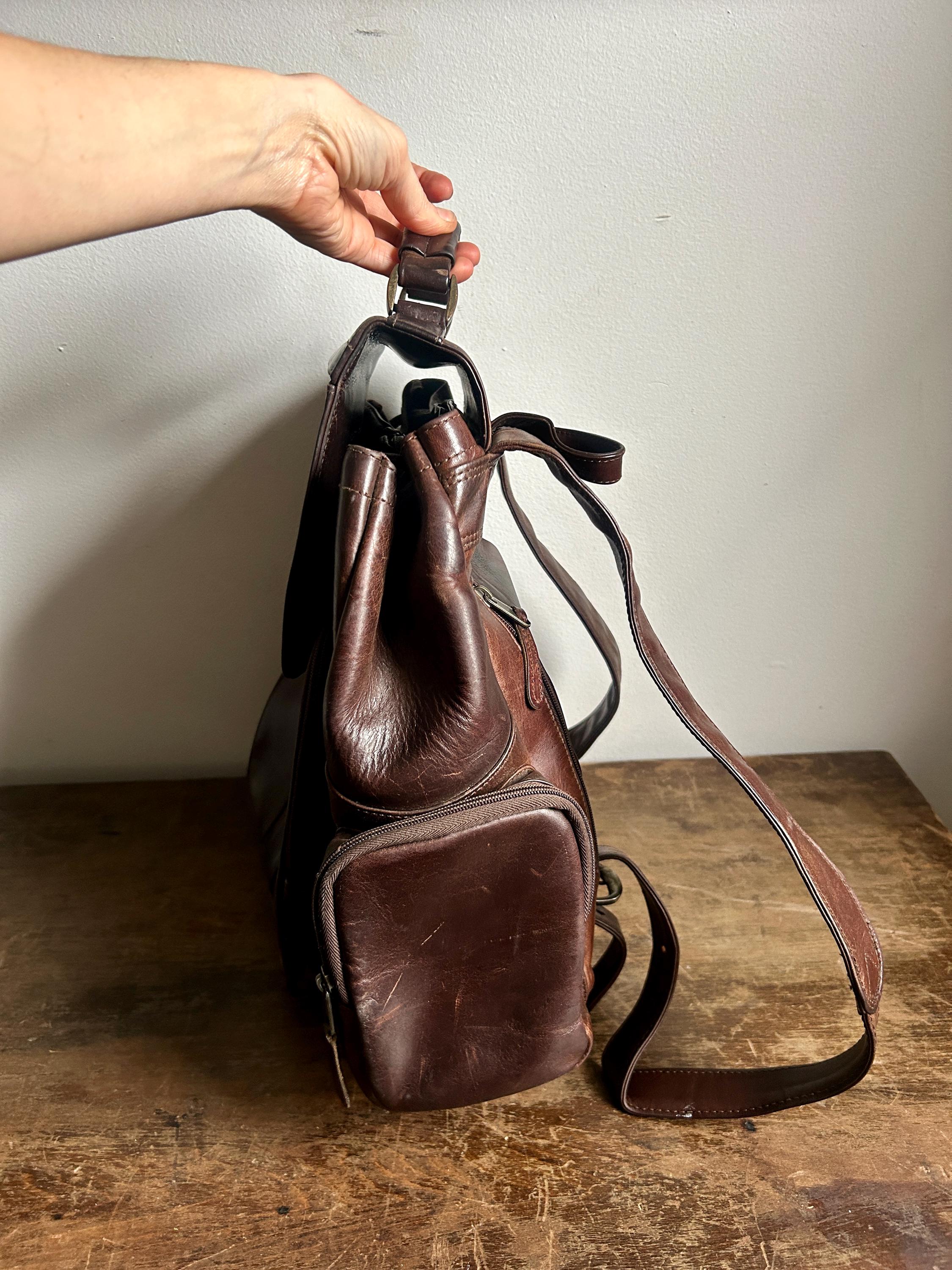 Norm Thompson Brown Leather Sling Shoulder Bag Converts to a Backpack with a Zip Vintage Norm Thompson Brown Leather Backpack | Distressed  main image 4