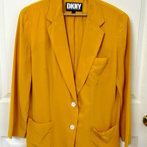 Vintage 100% Silk DKNY Yellow Blazer Size Medium | 90&#39;s Designer