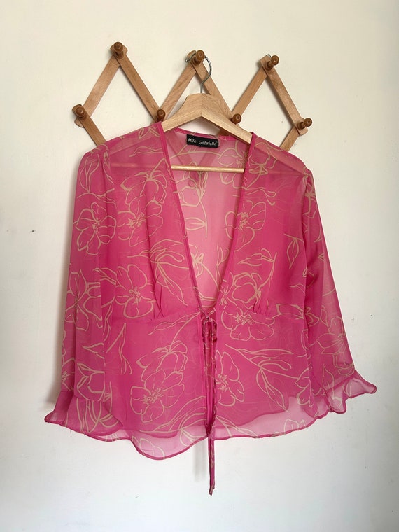 Y2K Sheer Floral Tie Blouse with Flutter Sleeves … - image 2