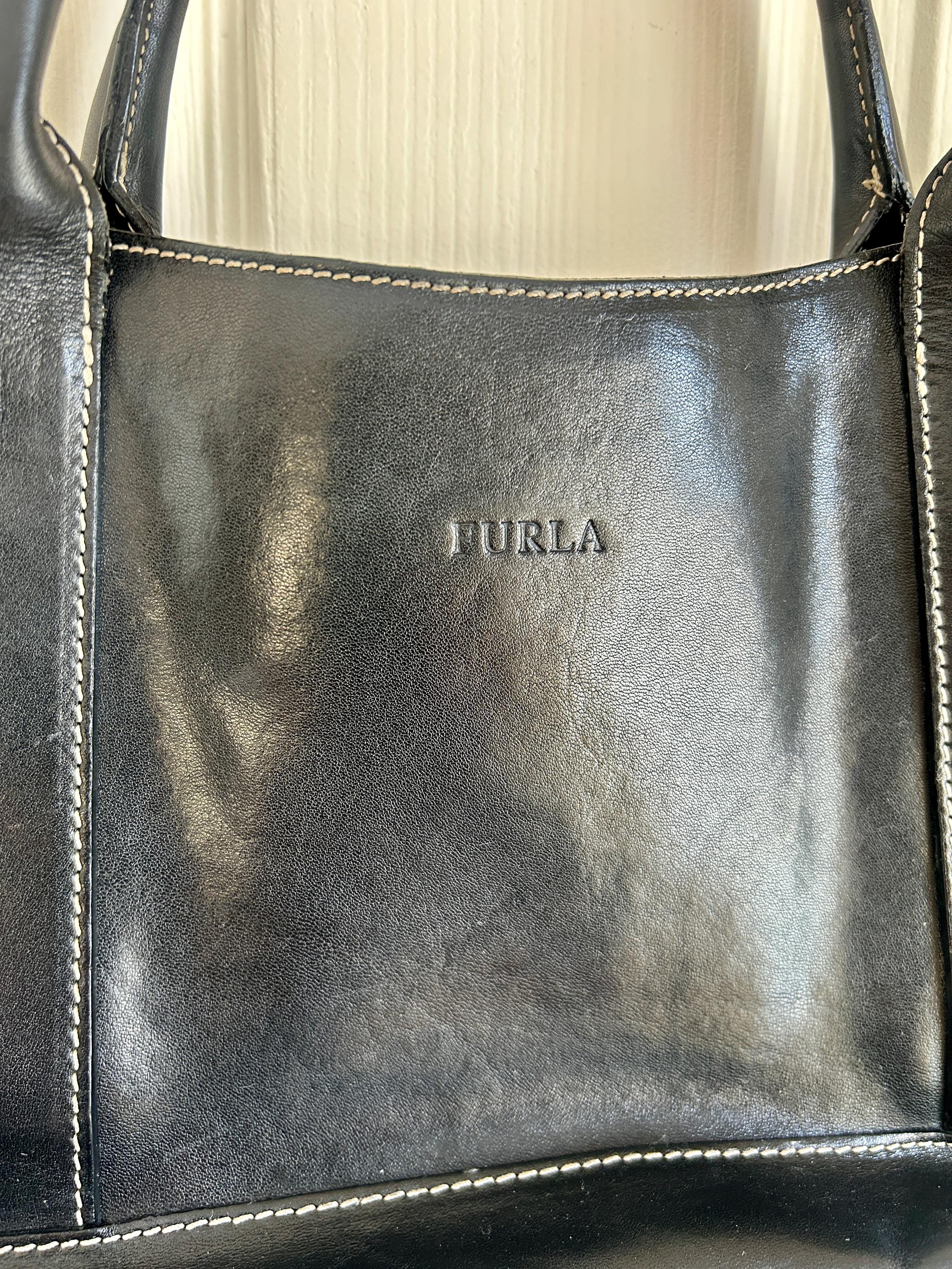 Vintage Black Leather Furla Shoulder Bag | Sleek Chic Minimalist