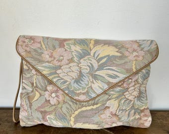 Vintage Pastel Tapestry Oversized Clutch | 90s Floral Carpet Bag | Boho Cottagecore Purse
