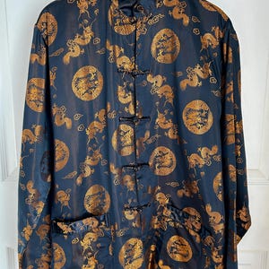 Vintage Silk Blend Traditional Chinese Women&#39;s Jacket Sz M | Dragon Motif | Black and Gold