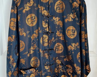 Vintage traditioneel Chinees damesjack van zijdemix, maat M | Drakenmotief | Zwart en goud
