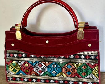 Vintage 70s Geometric Top Handle Purse | Retro Boho Handbag | Mod Psychedelic Bag