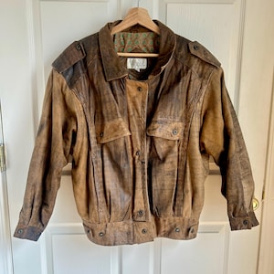 Vintage 90&#39;s Brown Leather Bomber Jacket Size Large | 90s Style Leather Coat