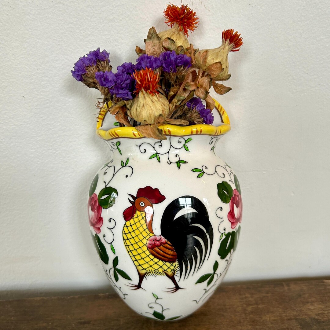 Vintage Japanese Pottery Rooster Wall Pocket Vase, Ceramic Hanging ...