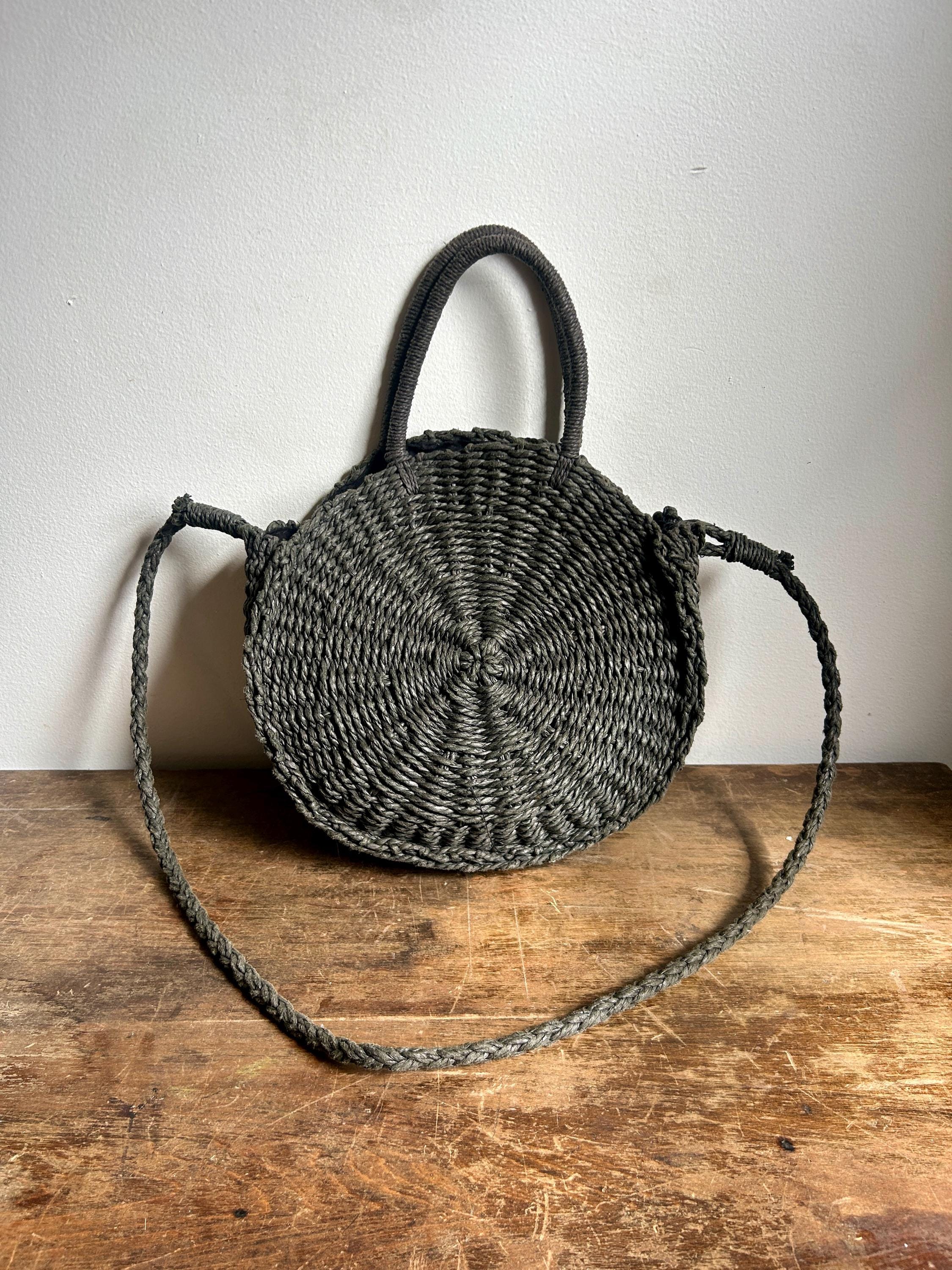 Round Leather Bag Large Round Handbags Vintage Woven Black Straw 