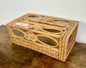 Vintage Woven Rattan Tissue Box Cover | 70s Bathroom Decor
