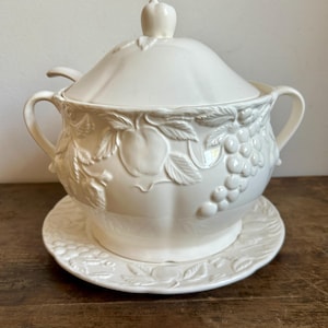 Vintage Fruit Motif Porcelain Lidded Soup Tureen with Ladle and Plate | The Home Collection | Made in Japan | Set of 4
