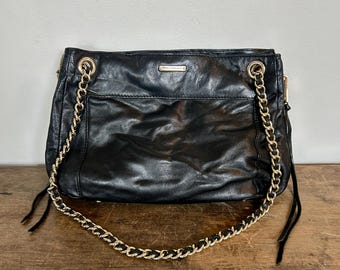 Bolso de hombro de piel negra Rebecca Minkoff estilo Y2K / Bolso vintage con cadena dorada
