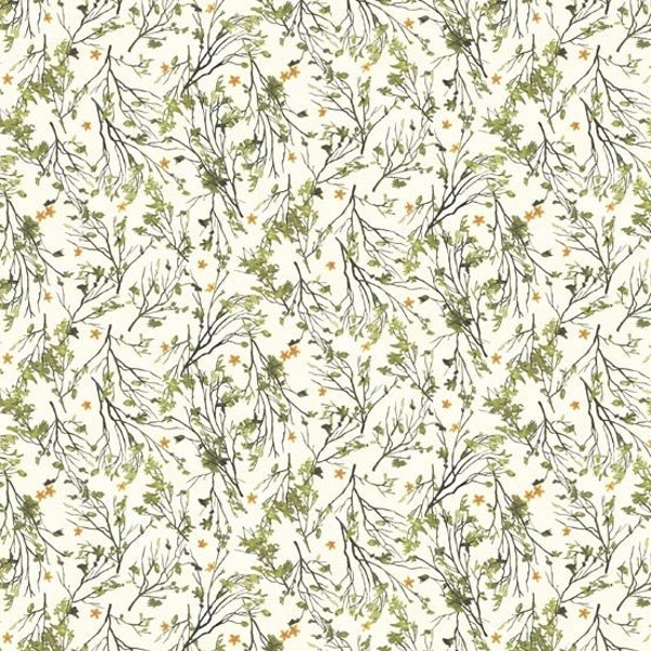 Tissu beige et vert branches par mètre - 8242-G - tissu pour courtepointe Liquidation coton fleurs vertes