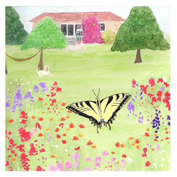 Home - Sammy's Quest Scenes fabric - 7-inch square - Western Tiger Swallowtail Butterfly Finds Mate at Home - Scene 7 of 9