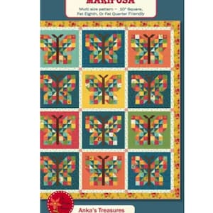 May include: A colorful quilt pattern featuring twelve square blocks, each showcasing a patchwork butterfly design. The butterflies are set against various backgrounds, including teal, yellow, and orange. The quilt is labeled "MARIPOSA" and "Anka's Treasures".
