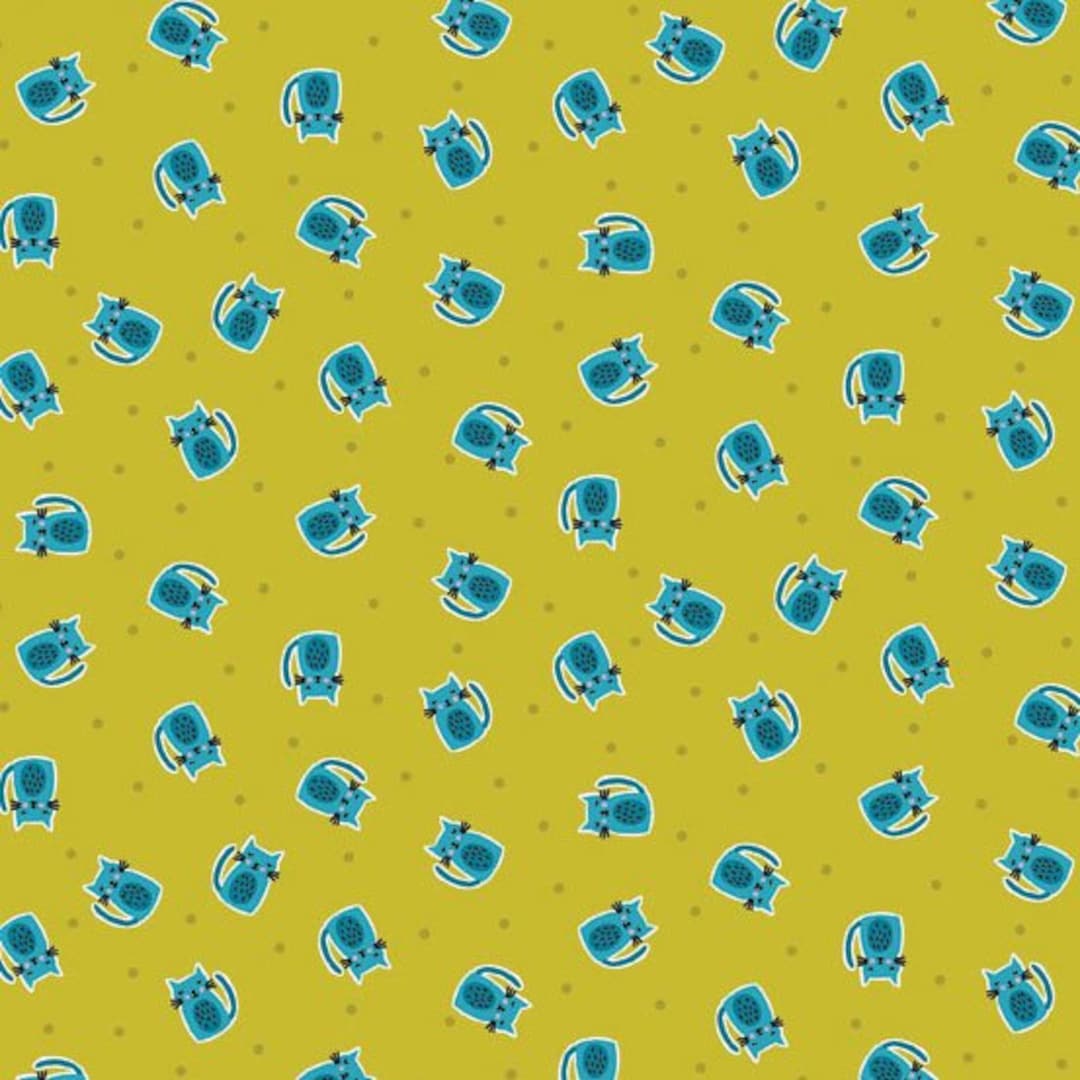 Turquoise Cats on Mustard Fabric Clearance Cotton TP-1917-T 