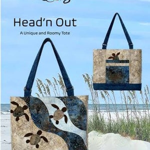 May include: Two tote bags with blue handles and bases. The bags feature a sea turtle design on a beige and blue patterned background. The text "Head'n Out" and "A Unique and Roomy Tote" are visible. The Sweet Tea Girls Patterns logo is at the top.