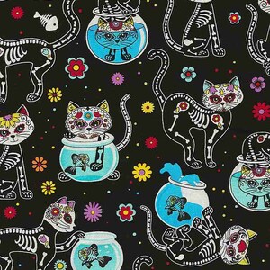 猫の骸骨と金魚鉢の死者の日の生地（1ヤードあたり） - Cat-C4159、猫生地、猫素材、かわいい猫生地、タイムレス・トレジャーズ