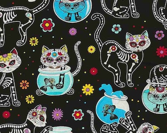 Cat Skeletons and Fishbowls Day of the Dead fabric by the yard - Cat-C4159, cat fabric, cat material, cute cat fabric, Timeless Treasures