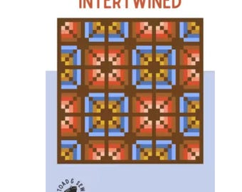 Puede incluir: Un patrón de acolchado llamado "Intertwined" de Taylor Krz. El patrón presenta un bloque de acolchado colorido con un diseño geométrico en tonos de rojo, naranja, amarillo, azul y marrón. El patrón está disponible como descarga digital.
