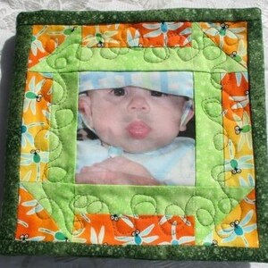 May include: A green and orange fabric photo frame with a dragonfly pattern. The frame has a square opening and a photo of a baby inside.
