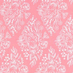 May include: A pink fabric with a white floral pattern featuring butterflies, mushrooms, and small animals. The pattern is repeated throughout the fabric.