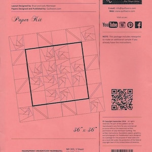 May include: A pink paper kit for a quilt pattern called "Paddlewheel". The kit includes a diagram of the quilt pattern, which is 36 inches by 36 inches. The kit also includes the text "Newsprint Inventory Numbers: NP-303, 1 Sheet, NP-302, 2 Sheets".