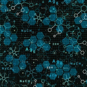 Könnte beinhalten: Abstrakte digitale Kunst in einem blau-weißen Farbschema. Das Bild zeigt ein Rastermuster mit sechseckigen Formen und chemischen Formeln, darunter "NaCH2", "20H" und "Ag6".