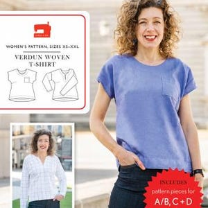 Op de afbeelding: Een naaipatroon voor een geweven T-shirt met een ronde hals en korte mouwen. Het patroon omvat maten XS-XXL en patroondelen voor cupmaten A/B, C + D. De afbeelding toont een vrouw die een blauw T-shirt draagt dat is gemaakt met behulp van het patroon.