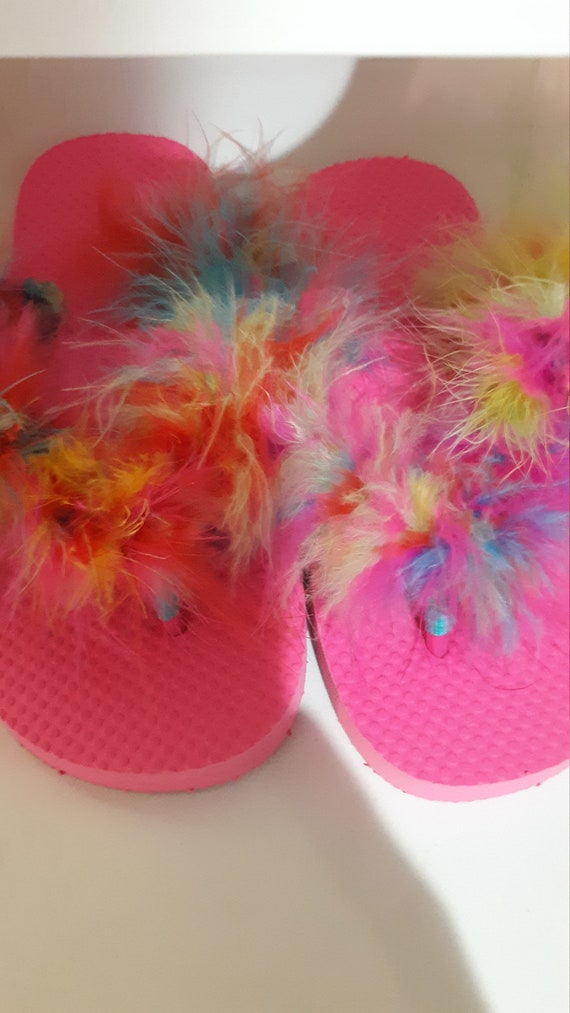 Beautiful hot pink flip flops with rich colorful feathers Etsy