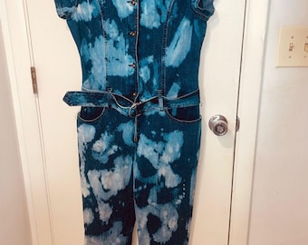 Vintage Forenza acid wash 80s denim jumpsuit button up zip w belt sz 14 one pc