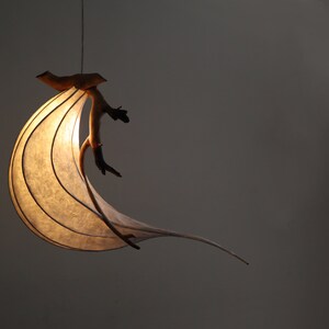May include: A modern, minimalist pendant light with a curved, white paper shade and a natural wood branch accent. The light is hanging from a thin cord.
