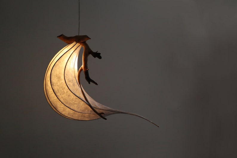 May include: A modern, minimalist pendant light with a curved, white paper shade and a natural wood branch accent. The light is hanging from a thin cord.