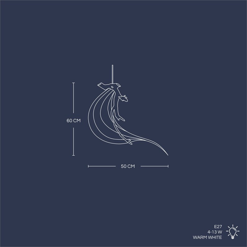 May include: A white metal pendant light fixture with a curved, flowing design. It measures 60 cm in height and 50 cm in width. The light fixture uses an E27 bulb with a wattage of 4-13W and has a warm white light output.
