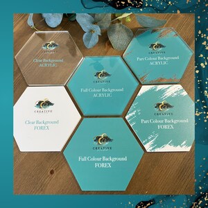 May include: Six hexagonal acrylic and foam board signs with different background options. The signs are turquoise, white, and clear. The signs have the text "CREATIVE" and the words "Clear Background", "Full Colour Background", and "Part Colour Background" with the words "ACRYLIC" or "FOREX" underneath.