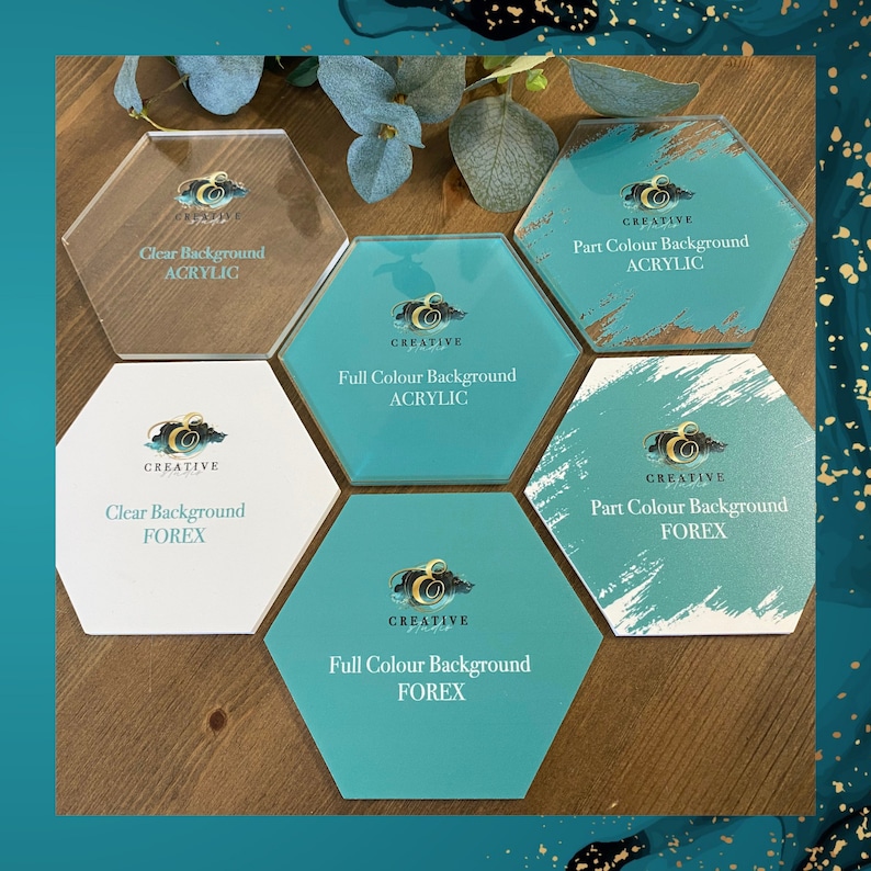 May include: Six hexagonal acrylic and foam board signs with different background options. The signs are turquoise, white, and clear. The signs have the text "CREATIVE" and the words "Clear Background", "Full Colour Background", and "Part Colour Background" with the words "ACRYLIC" or "FOREX" underneath.
