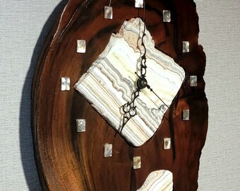 Redwood and Polished Banded Calcite Wall Clock