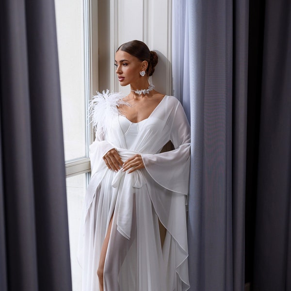 Soft Chiffon Bridal Gown, Long Robe Dress, Beautiful Dressing Gown, Bride Robe with Feather Sleeves, White Boudoir Robe, Bridal Chiffon Robe
