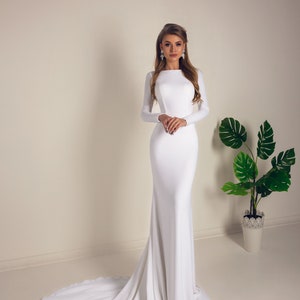 Crepe Wedding Dress, Backless Wedding Dress, Elegant Bridal Dress, Long Sleeves Bridal Gown, Garden Wedding Outfit, Mermaid White Gown image 5
