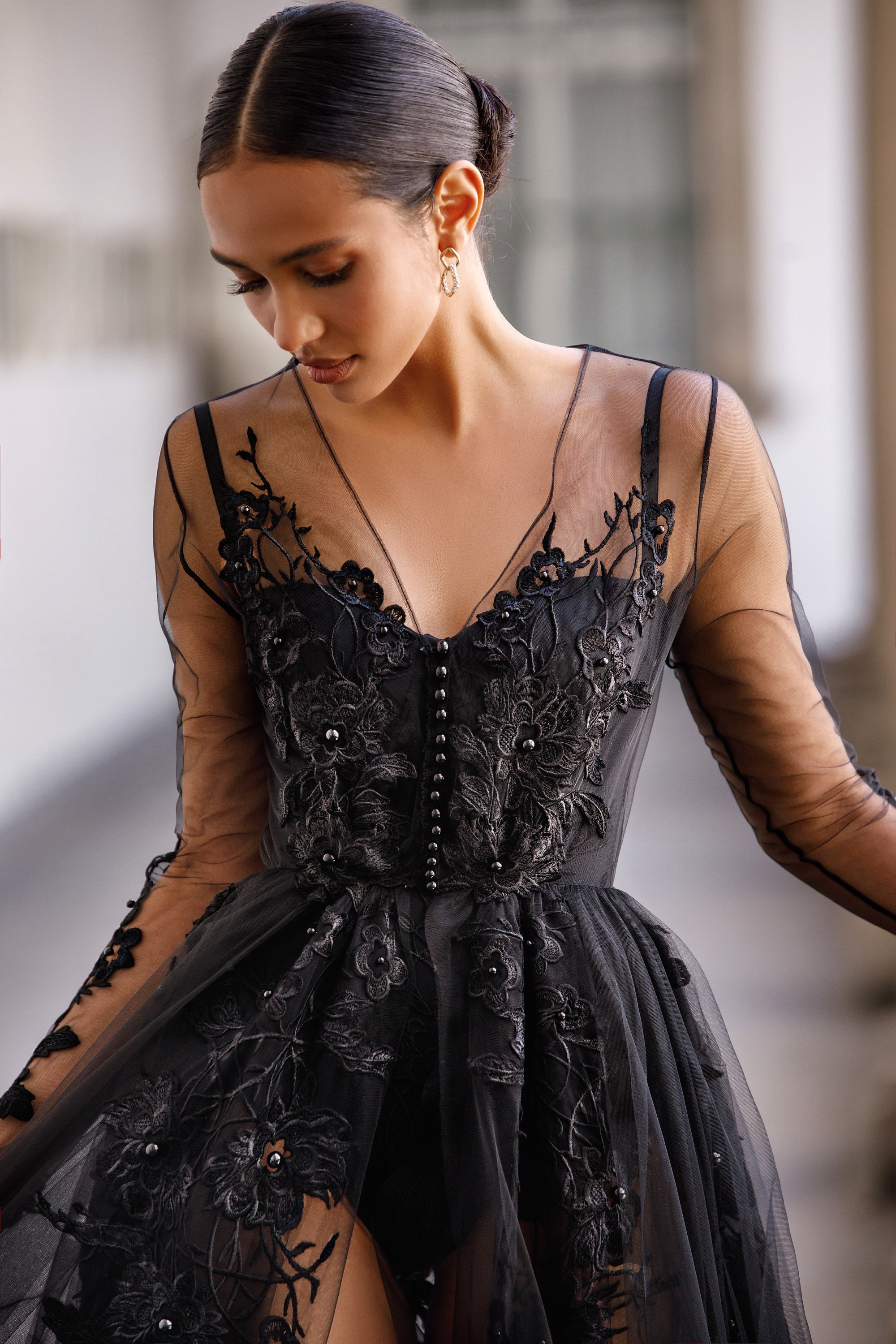 Light Black Long Sheer Wedding Dress, Lace Tulle Wedding Dress Elegant Wedding  Dress, Black Wedding Dress, Bridal Dress, Luxury Bridal Robe 