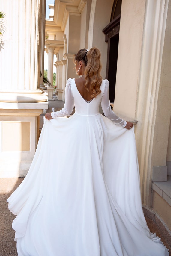 Tulle Sleeve Wedding Dress, Bridal Gown, Low Back Dress, Satin