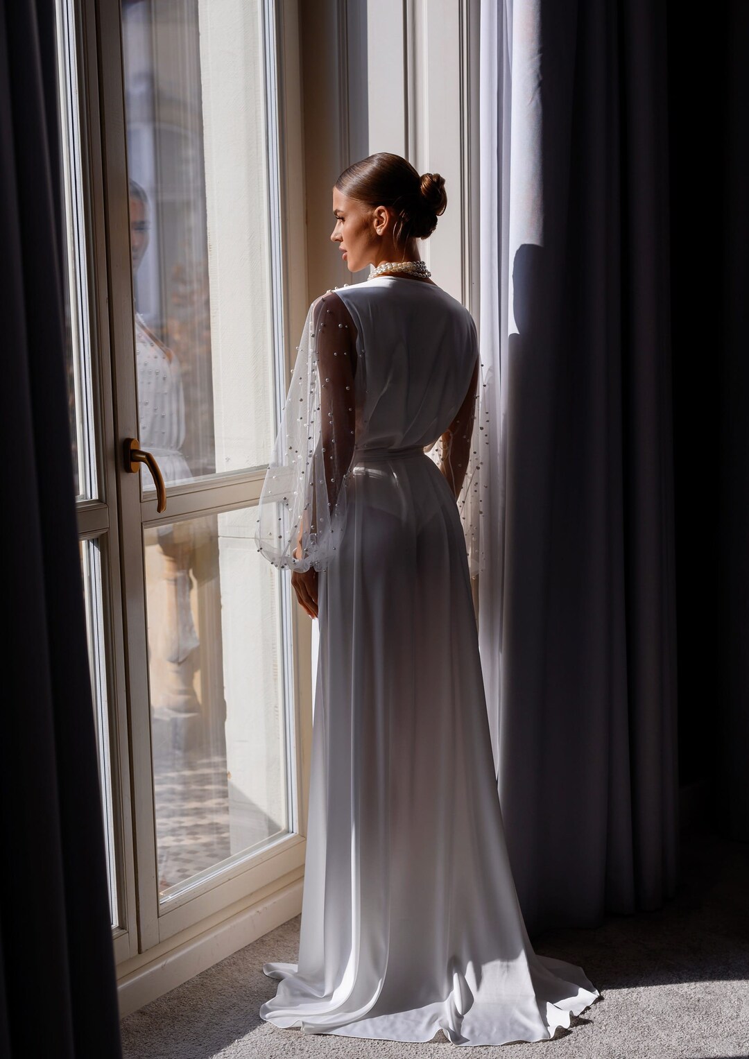 Silk Satin Robe for Bride,long Train Bridal Robe,pearl Wedding Dress ...