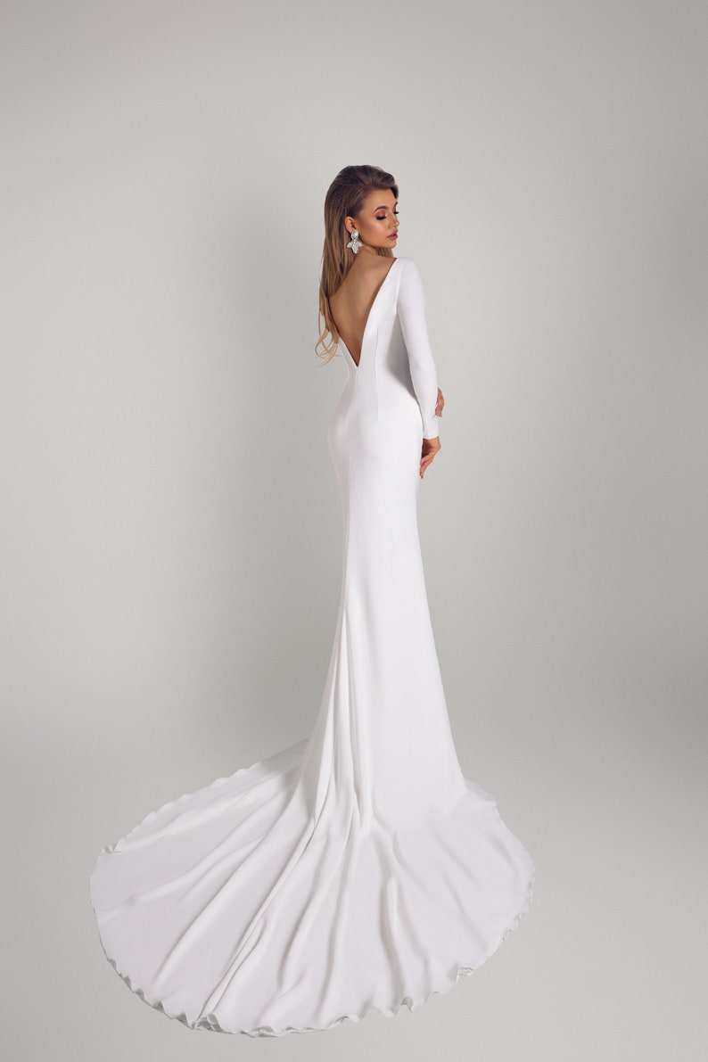 Crepe Wedding Dress, Backless Wedding Dress, Elegant Bridal Dress, Long Sleeves Bridal Gown, Garden Wedding Outfit, Mermaid White Gown image 1