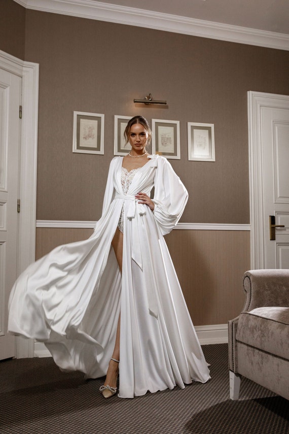 Long Bridal Robe, Long Wedding Robe With Train, White Silk Satin