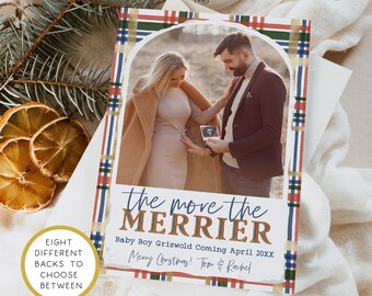 The More the Merrier Christmas Card, Arch Plaid Christmas Baby Reveal Card, It's a Boy Pregnancy Announcement Holiday Card with Photos