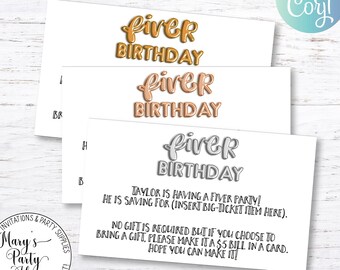 Balloon Font Fiver Birthday, Fiver Invitation Insert, Birthday Insert, Minimalist Birthday, Kids Birthday, Toddler Birthday, Birthday Ideas