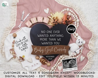 Girl IVF Pregnancy Announcement Digital Gender Reveal IUI Baby Announcement Social Media Reveal Instant Editable Template Love & Science