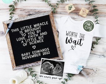 IVF Pregnancy Announcement Digital, Editable Greenery Eucalyputus Pregnancy Reveal, Baby Reveal Template, Worth the Wait, Little Miracle