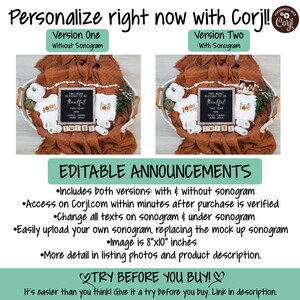 May include: Editable twin baby announcement template with two versions: one with and one without a sonogram. The template features a brown basket with a white blanket, two white onesies, a sign that says "Two more reasons to be thankful this year", and a sonogram image. The template is 8 inches by 10 inches.