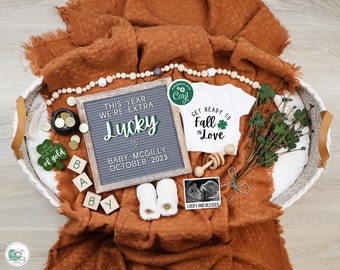 St Patricks Day Pregnancy Announcement Digital, Baby Announcement, Boho Gender Neutral Template, Extra Lucky, Our Pot of Gold