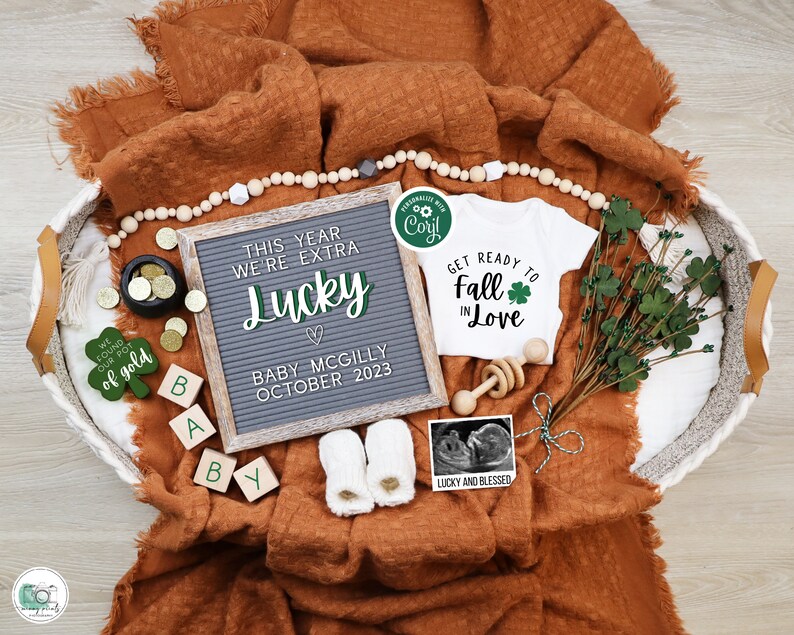 St Patricks Day Pregnancy Announcement Digital, Baby Announcement, Boho Gender Neutral Template, Extra Lucky, Our Pot of Gold image 1